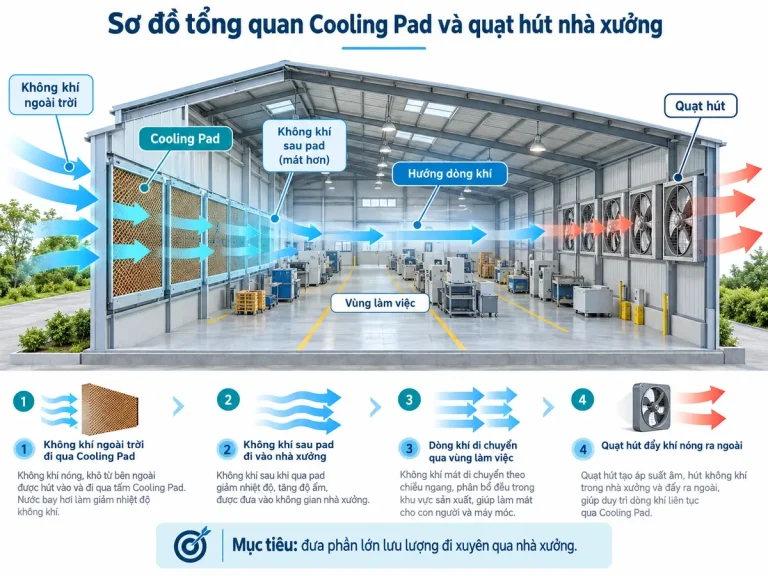 Sơ đồ Cooling Pad và quạt hút trong nhà xưởng