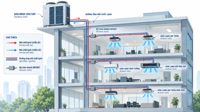 Sơ đồ hệ thống VRV VRF gồm dàn nóng, đường ống môi chất, REFNET và nhiều dàn lạnh