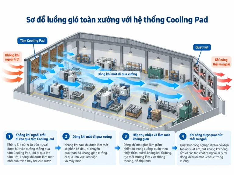 Sơ đồ luồng gió qua hệ thống Cooling Pad trong nhà xưởng