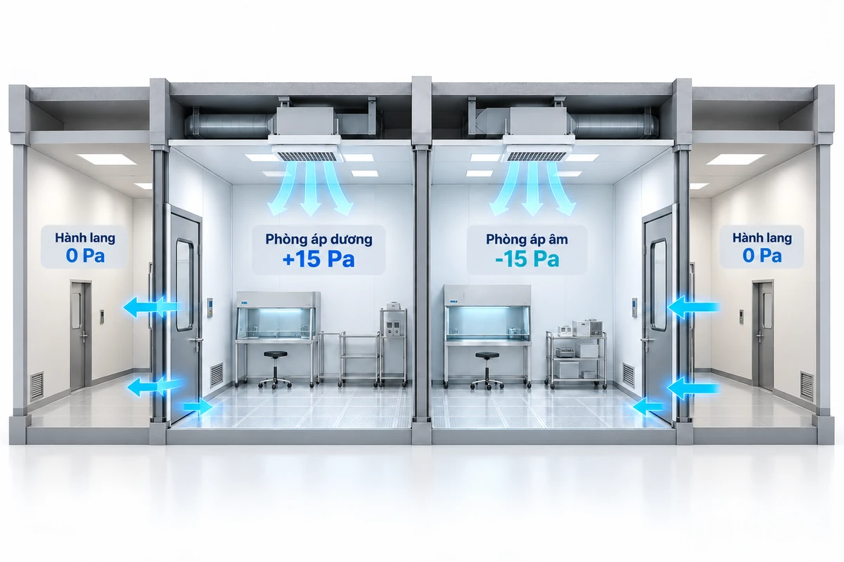 Hai phòng sạch cắt lớp minh họa áp suất dương +15 Pa và áp suất âm −15 Pa so với hành lang 0 Pa