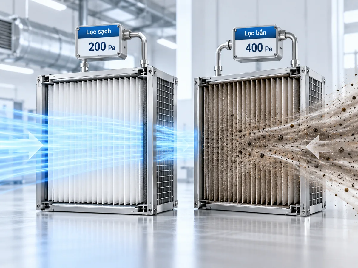 Cảnh CGI so sánh hai bộ lọc HEPA ở trạng thái vật liệu sáng sạch và vật liệu tích bụi, có nhãn trở lực giả định lần lượt 200 Pa và 400 Pa
