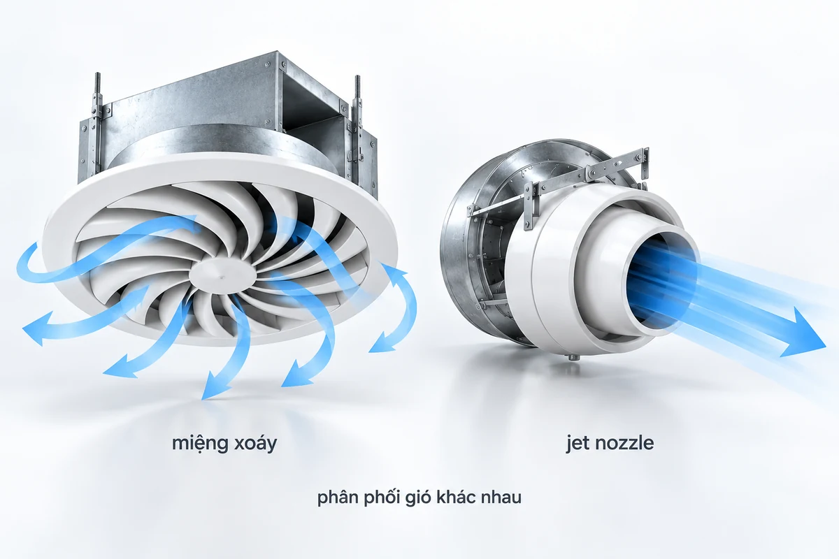 Swirl Diffuser và Jet Nozzle: khác biệt phân phối không khí So sánh miệng gió xoáy Swirl Diffuser với miệng gió Jet Nozzle trong phối cảnh 3D, kèm luồng gió phân tán và thổi xa