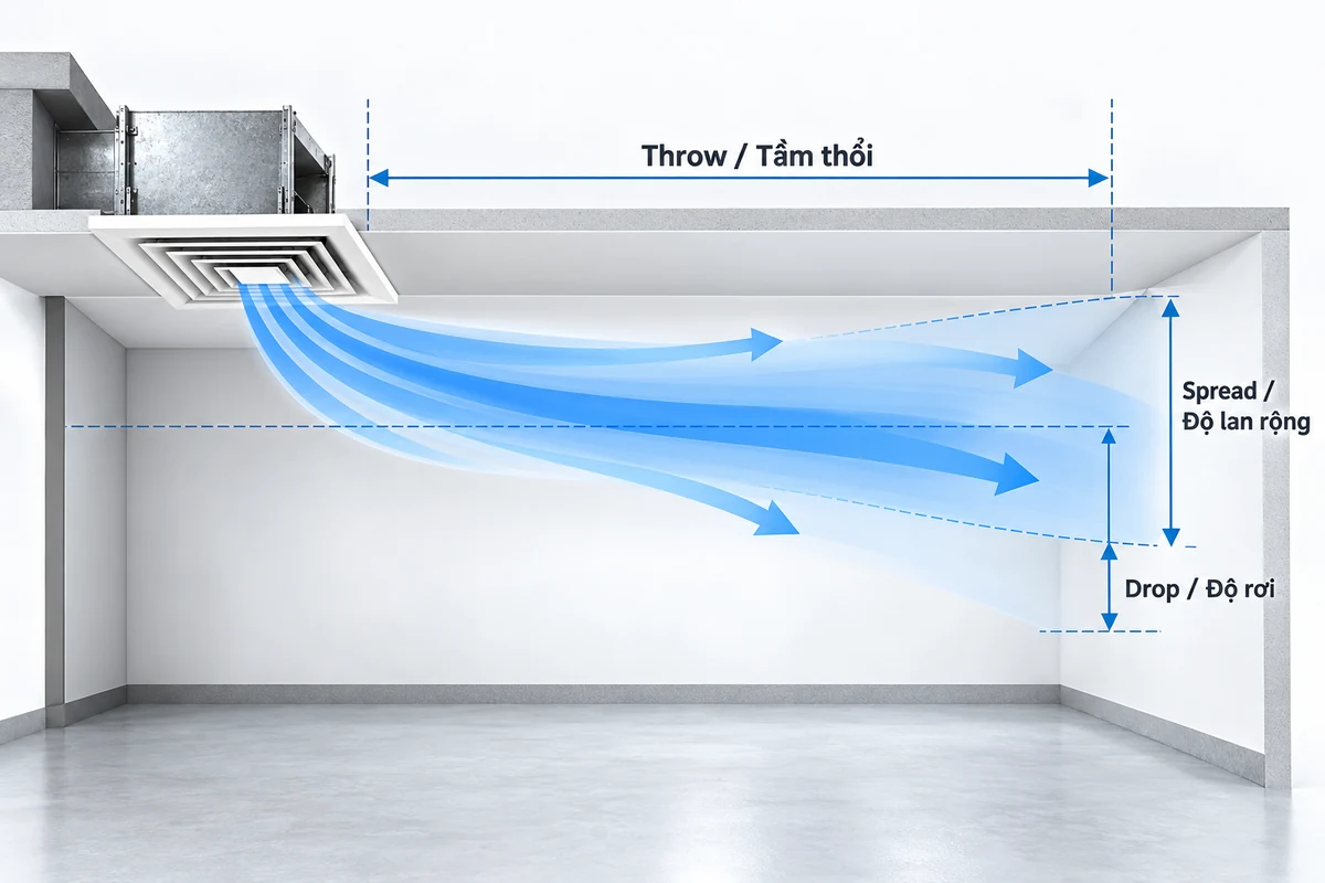 Phân biệt Throw, Spread và Drop trong chọn miệng gió Mặt cắt luồng gió cấp kèm nhãn Throw tầm thổi, Spread độ lan rộng và Drop độ rơi để giải thích các thông số miệng gió