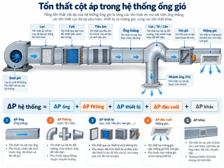 Các thành phần gây tổn thất cột áp trong hệ thống ống gió HVAC