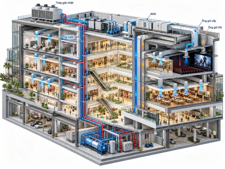 Phối cảnh 3D cắt lớp trung tâm thương mại gồm gian hàng, sảnh thông tầng, tầng hầm, AHU, đường ống gió và đường nước lạnh