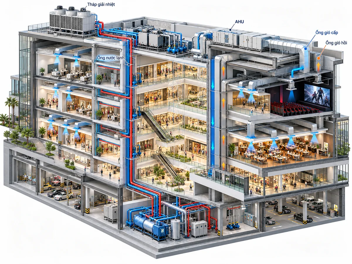 Phối cảnh 3D cắt lớp trung tâm thương mại gồm gian hàng, sảnh thông tầng, tầng hầm, AHU, đường ống gió và đường nước lạnh