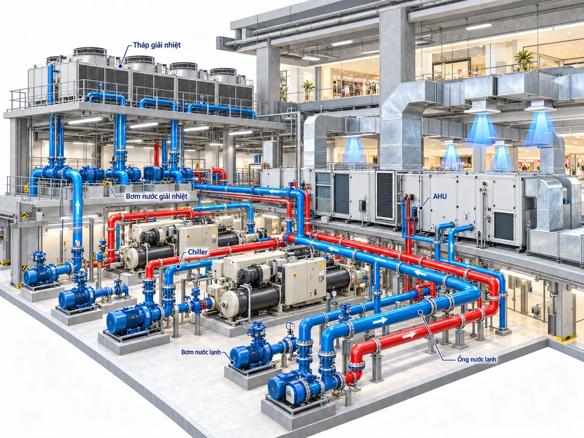 Phối cảnh kỹ thuật 3D phòng máy lạnh trung tâm với Chiller, bơm, đường ống nước màu xanh đỏ và cụm AHU nối ống gió