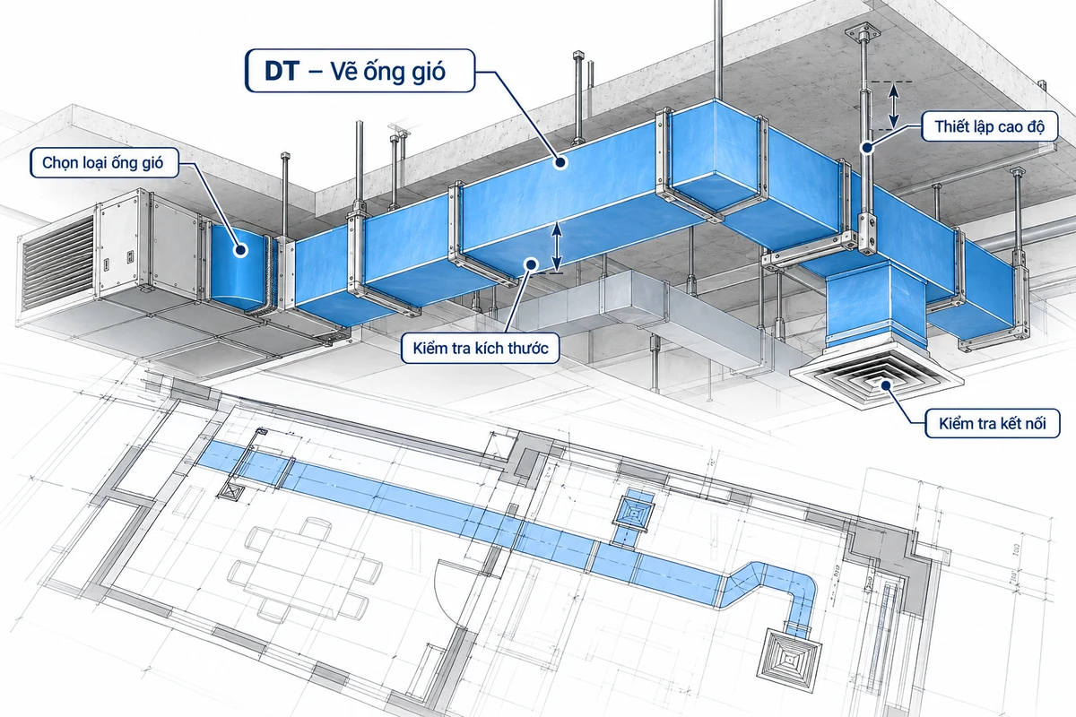 Tuyến ống gió chữ nhật dựng theo bản vẽ BIM với các vị trí kiểm tra kích thước, cao độ và kết nối miệng gió