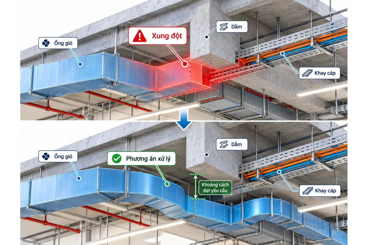 Hai trạng thái trước và sau xử lý xung đột BIM khi ống gió giao với dầm và cần điều chỉnh tuyến đi